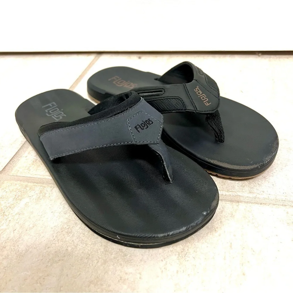 Flojos Men's Memory Foam Flip Flop Sandals BLACK/BROWN size 9M leather.